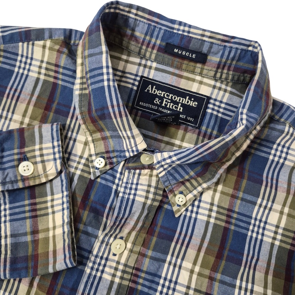 Abercrombie & Fitch Button Down Shirt Mens Large Blue Plaid Muscle Fit Pocket